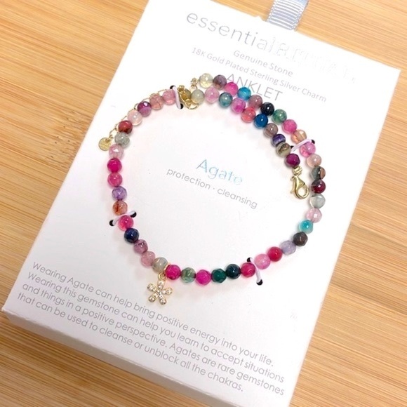 Essential Ritual Genuine Stone 18k Gold Plated Sterling Silver Charm Anklet - Picture 2 of 15